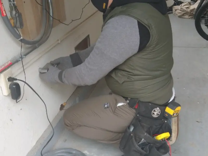 Electrician performing outlet wiring in a Milan garage